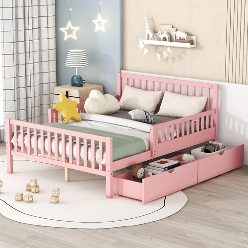 Miniatura 28 de VilroCaz Moderna cabecera de almacenamiento de cama de tamaño individual y barandilla de seguridad para niños, base de cama de plataforma de madera