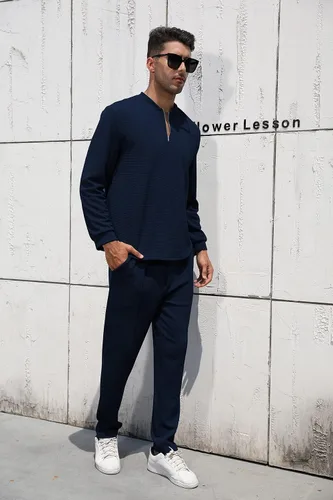 Miniatura 13 de FZNHQL Conjunto deportivo de moda para hombre, 2 piezas, casual, atlético, para correr, manga corta/larga, conjunto para hombre