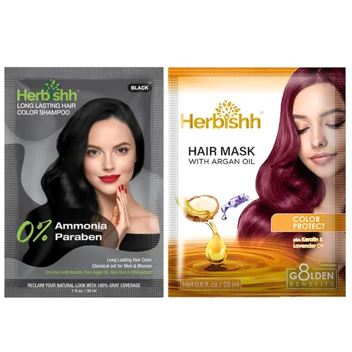 Herbishh Paquete de Viaje Champú Tinte para el Cabello en Sobre + 1 Sobre de Mascarilla Capilar de Argán (Negro, 1 sobre)