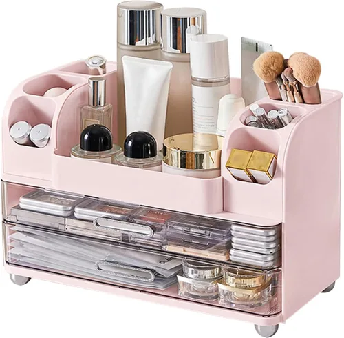 Miniatura 9 de DASITON Organizador de maquillaje de gran capacidad para tocador con 2 cajones, organizadores de cuidado de la piel con soporte para brochas