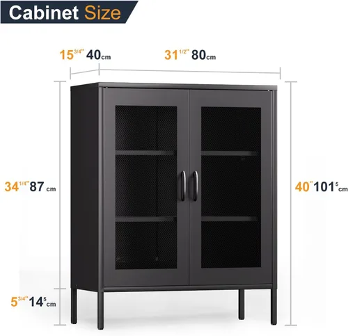 Miniatura 3 de COFaR Armario de almacenamiento de metal con puertas de malla, armario de metal negro con estantes, soporte corto de TV para barra de café, aparador