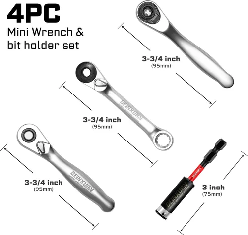 Miniatura 2 de GEINXURN Juego de 4 Mini Llaves de Trinquete y Soporte para Brocas, Llave de Mango de Trinquete de Accionamiento de 1/4", Llave de Vaso Reversible