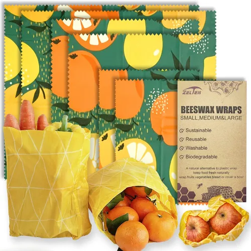 Miniatura 10 de Zelten Envolturas reutilizables de cera de abejas (3 paquetes, 3 tamaños S, M, L) sin plástico y silicona, envoltura ecológica, papel de cera