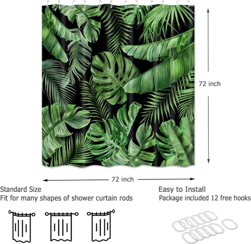 Miniatura 4 de Cortina de Ducha de Hojas Tropicales, Cortina de Baño Decorativa Verde y Negra con Hojas de Palmera y Plátano, Juegos de Cortinas de Ducha de Tela