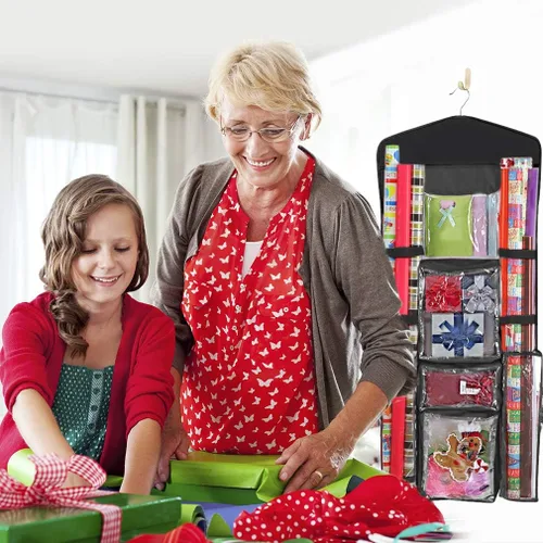 Miniatura 8 de ProPik Organizador Colgante de Papel de Regalo de Doble Cara, Almacenamiento de Papel de Regalo con Múltiples Bolsillos Delanteros y Traseros