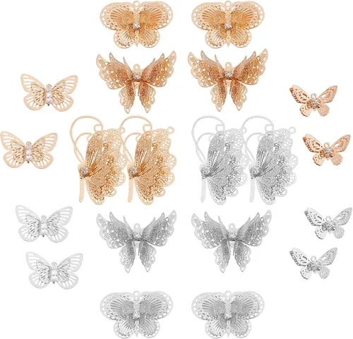 Miniatura 8 de SUNNYCLUE 1 caja de 10 dijes de filigrana de mariposa de 1.339 x 1.024 in, 3 capas de diamantes de imitación de filigrana hueca para manualidades