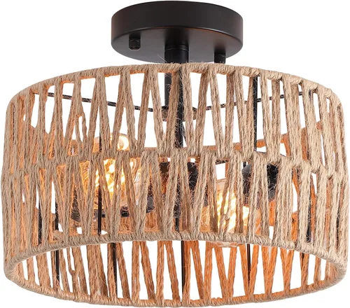 Miniatura 10 de Accesorio de Lámpara de Techo Empotrada Tejida en Oro Antiguo Costero, Luz de Techo Semi Empotrada Rústica Boho de Cuerda de Cáñamo Latón