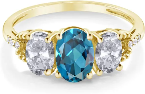 Miniatura 3 de Gem Stone King Anillo de compromiso de oro amarillo de 10 quilates con topacio blanco y diamante con topacio azul Londres para mujer 2.22 qttw