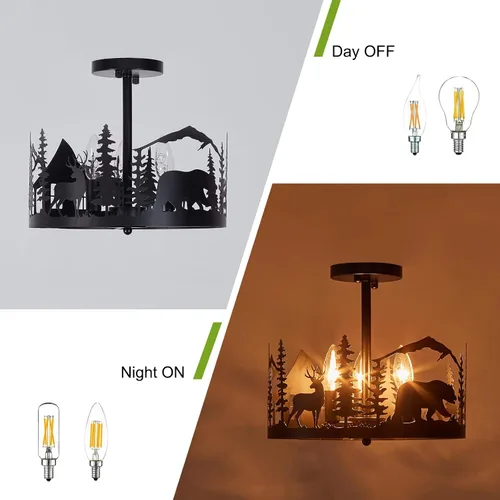 Miniatura 7 de Accesorio de Lámpara de Techo Rústica de Granja de Montaje Semi-Empotrado, 3 Luces Base E12 Accesorios de Luz de Metal Redondo Negro para Cocina