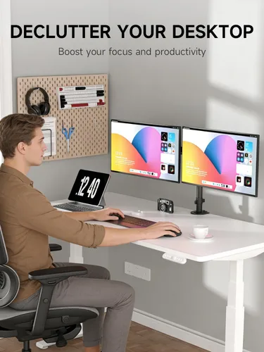 Miniatura 5 de Bracwiser Soporte de brazo de monitor doble totalmente ajustable para dos pantallas de 13-32 pulgadas, 22 libras para monitor de pantalla