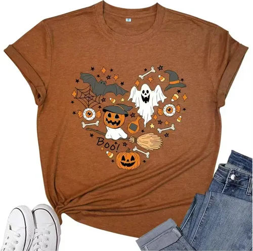 Miniatura 34 de Woffccrd - Camisetas divertidas con estampado de calabaza y leopardo para mujer, camisetas gráficas de manga corta de Halloween para mujer
