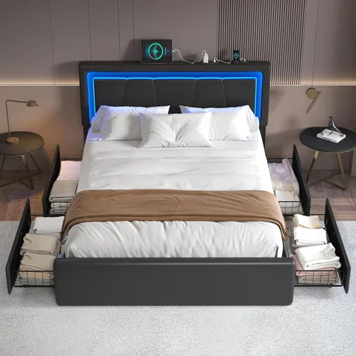 Miniatura 8 de LoVinson Base de cama tamaño completo con 4 cajones de almacenamiento, camas de plataforma de metal con cabecera ajustable, estación de carga Negro