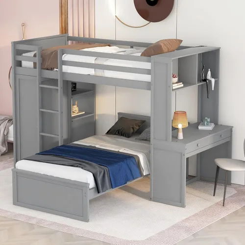 Miniatura 11 de Cama tipo loft multifuncional de tamaño individual con una cama y escritorio independientes, cama tipo loft de madera maciza con estantes y armario