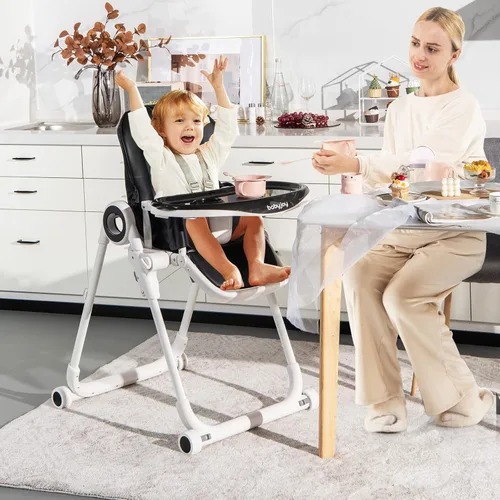 Miniatura 9 de BABY JOY Silla alta para bebés y niños pequeños, silla alta plegable con respaldo/reposapiés/altura del asiento, bandejas extraíbles dobles, cojín