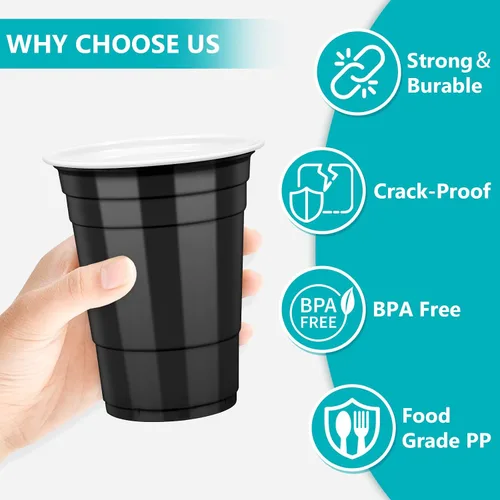 Miniatura 5 de LANLISA 50 vasos de plástico negros, vasos desechables de 16 onzas, tazas para beber para suministros de fiesta