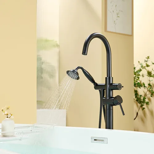Miniatura 6 de Wowkk Llenador de bañera independiente grifo de bañera negro montado en el suelo grifos de bañera de baño de latón con ducha de mano