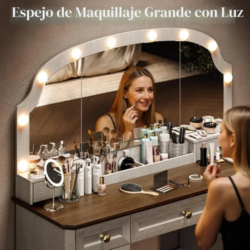 Miniatura 3 de Escritorio de maquillaje de granja con espejo y luces, mesa de tocador de 47 pulgadas con 8 cajones de almacenamiento, 1 gabinete y 2 bandejas