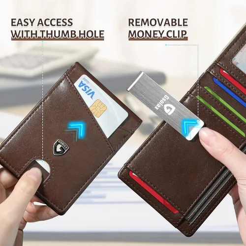 Miniatura 37 de GSOIAX Cartera delgada de cuero plegable RFID para hombre, billetera minimalista con bolsillo frontal con clip para dinero, 12 ranuras para Negro