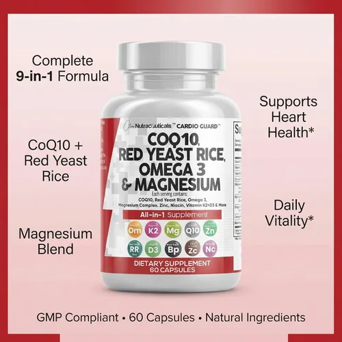 Miniatura 9 de Clean Nutraceuticals COQ10 200mg Arroz de Levadura Roja Omega 3 Complejo de Magnesio 500mg Niacina Zinc Vitamina K2 D3 - Vitaminas para el Apoyo al