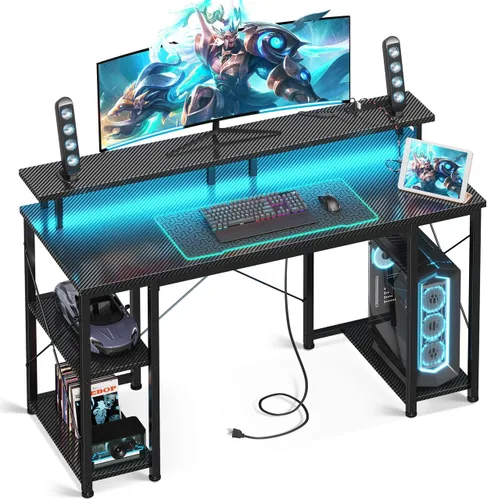 Miniatura 13 de ODK Escritorio gamer de 48 pulgadas con luces LED y enchufes, escritorio para computadora con soporte para monitor y estantes de almacenamiento