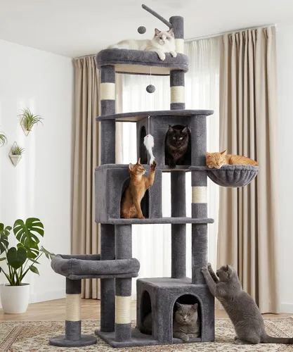 Miniatura 10 de PMT04BW - Árbol resistente para gatos de interior, torre para gatos de 74 pulgadas con poste rascador, cesta colgante, condominio para gatos