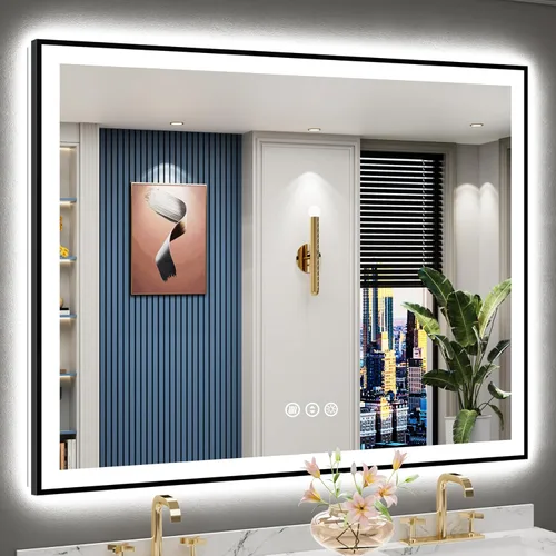 Miniatura 64 de 30x36 Espejo de baño LED con luces, retroiluminado y luz frontal, espejo de tocador iluminado antivaho para pared de baño, 3 colores, regulable