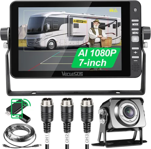 AI709 1080P HD Kit de cámara de respaldo para remolques de caballos, monitor LCD HD de 7 pulgadas y cable de video de extensión de 33 pies + 66 pies