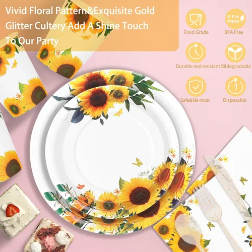 Miniatura 3 de Decoraciones de fiesta de girasoles: 168 platos de girasol y servilletas, suministros de fiesta, platos de papel amarillo con purpurina dorada