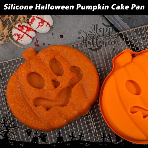 Miniatura 7 de Webake Molde para Pastel de Calabaza de 8 Pulgadas de Silicona Molde Jack-O-Lantern Molde para Pastel con Forma de Calabaza 3D Grande, Molde