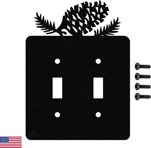 Placa de pared para interruptor de luz de palanca doble de cono de pino (palanca doble, negro) - Fabricado en Estados Unidos