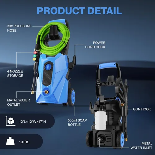 Miniatura 5 de 2025 Nuevo Limpiador a Presión de 5000 PSI, Limpiador de Potencia con Manguera de Extensión Resistente de 10 Metros y 4 Boquillas, Compatible