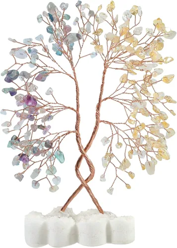 Miniatura 9 de mookaitedecor Árbol de cristal natural de cuarzo rosa y aguamarina con doble corazón de roca de cuarzo con base de piedra, bonsái, árbol de la vida