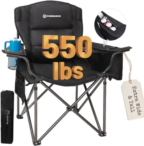 FUNDANGO Silla de campamento de gran tamaño para adultos, silla de césped plegable portátil de servicio pesado con asiento y respaldo acolchados,