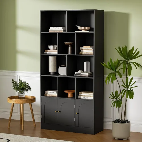 Miniatura 3 de Housoul Estantería de 71 pulgadas de alto con 10 cubos y 3 puertas, estantería de 4 niveles, estantería abierta con gabinete, organizador de Negro