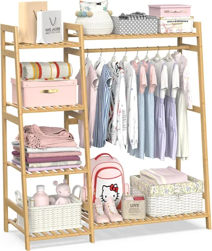 Miniatura 10 de BAMBOOHOMIE Perchero de ropa para niños con estantes, perchero de ropa de bambú para niños, niños y bebés, perchero de almacenamiento para vestirse