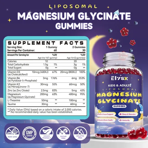 Miniatura 2 de Gomitas de bisglicinato de magnesio liposomal de 400 mg para niños y adultos, suplemento de bisglicinato de magnesio masticable con teanina, B6
