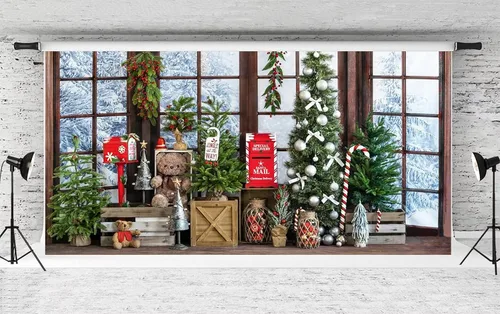 Miniatura 9 de Kate Telón de fondo de fotos de casa de campo de Navidad, fondo de puerta rosa, nieve blanca, árboles de Navidad, fondo de fotos, accesorios de 5