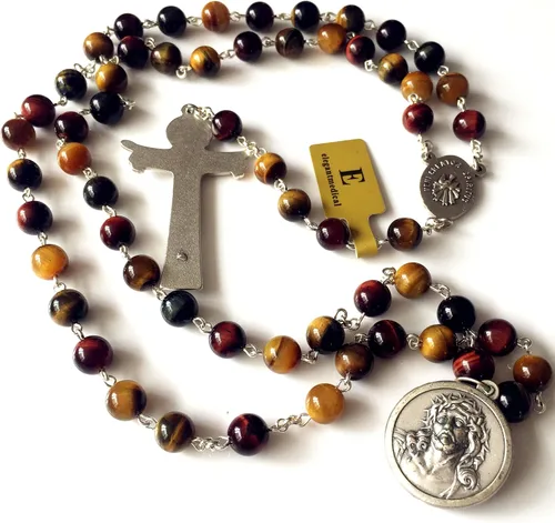 Miniatura 5 de elegantmedical Ojo de tigre hecho a mano 5 cuentas de rosario de cuentas de cruz de Italia Crucifijo collar caja para hombres y mujeres regalos