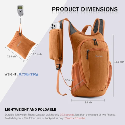 Miniatura 6 de Uselike - Mochila pequeña de 10L para senderismo, mochila de viaje de día, ligera y plegable, para mujeres y hombres (naranja)