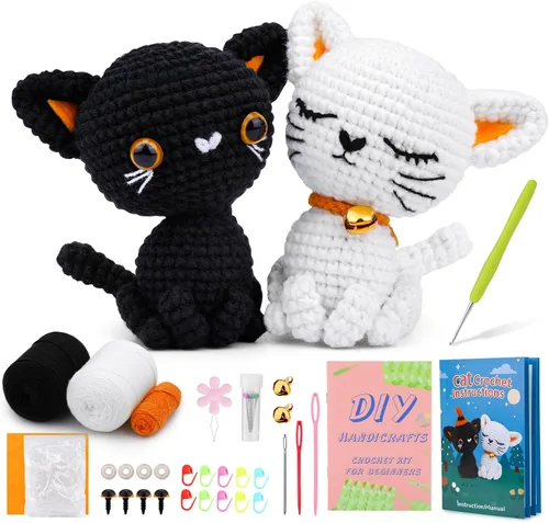 Pnytty Kit de ganchillo para principiantes, kit de animales de ganchillo, kit de 2 piezas de ganchillo para principiantes de gatos, kit de tejer con