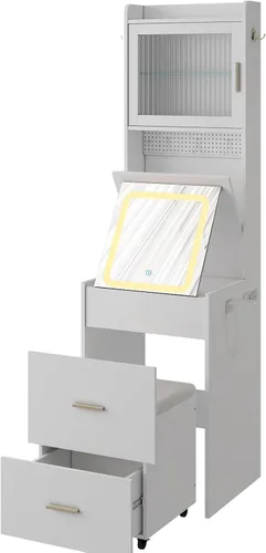 Miniatura 9 de Pequeño escritorio de maquillaje con espejo y luces, mesa de maquillaje con estación de carga y tableros de clavijas de bricolaje para espacios