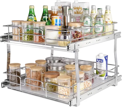 VEVOR Organizador de Gabinete Extraíble de 2 Niveles 18.7"An×21"Pr×3.2"Al, Estantes de Despensa Deslizables de Servicio Pesado, Cajones Deslizantes