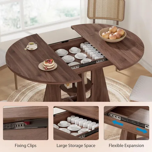 Miniatura 5 de Mesa de comedor redonda extensible para 4-8, mesa de comedor moderna de cocina de 43.3 a 59 pulgadas con estante de almacenamiento, mesa de comedor