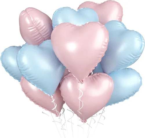 Miniatura 53 de Globos de corazón azul bebé, 10 piezas de globos en forma de corazón azul claro y blanco pastel, globos de papel de aluminio blanco arena crema