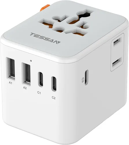 Miniatura 10 de TESSAN Adaptador de viaje universal de 28 W, adaptador de corriente internacional con 3 puertos de carga USB C 2 USB A, adaptador de enchufe mundial