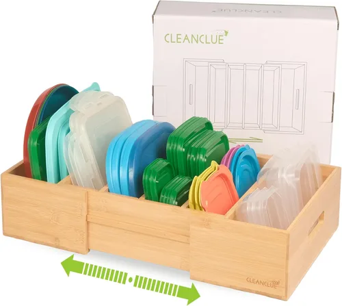 Miniatura 6 de CLEANCLUE Organizador Expandible de Gabinete de Cocina para Tapas de Contenedores de Almacenamiento de Alimentos, Organizador de Cajón de Bambú