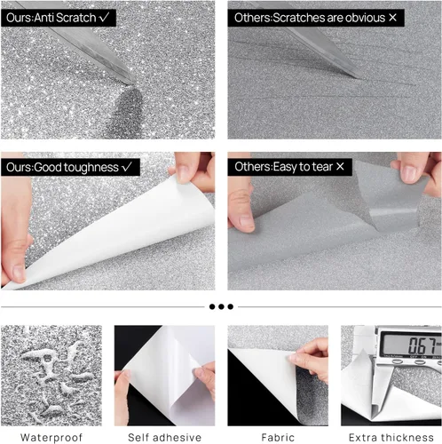 Miniatura 4 de FunStick Papel tapiz de diamante plateado con purpurina de 16 x 240 pulgadas, papel de contacto autoadhesivo con purpurina para gabinetes, papel