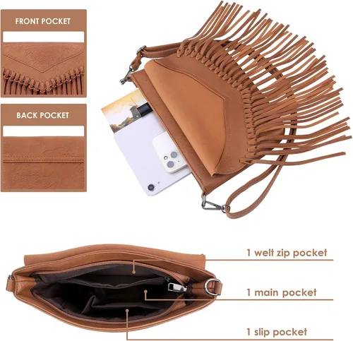 Miniatura 4 de HDE - Bolso de piel sintética para mujer, diseño de flecos