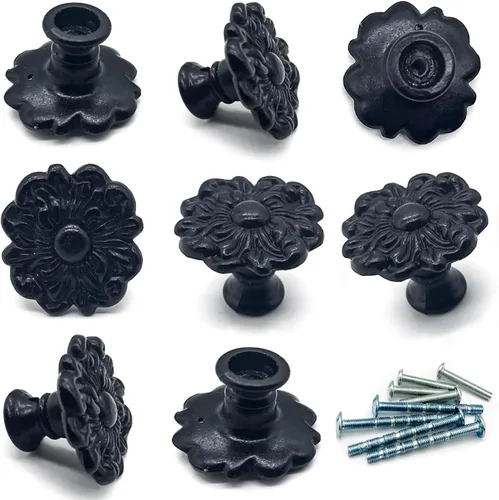 Miniatura 6 de 4 pomos antiguos de color negro y rosa, diseño de flores retro de mediados de siglo, tiradores de gabinete, metal resistente, color rosa y pomo