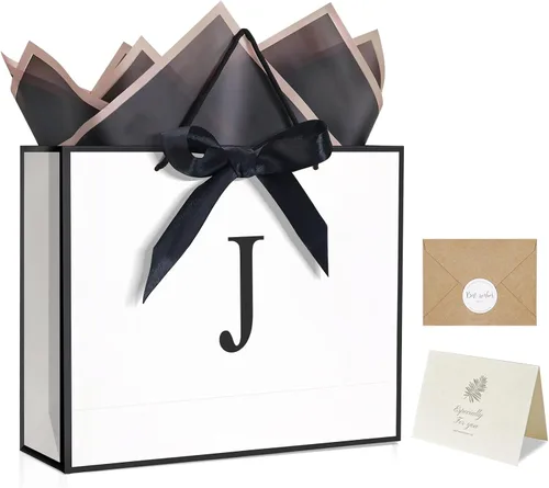 Miniatura 14 de QLSKO - Bolsa de regalo con monograma personalizada, bolsa de papel con inicial personalizada con tarjeta, sobre a juego, cinta con lazo y papel